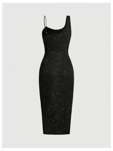 OYOANGLE Women's Glitter Ruched Sleeveless Bodycon Midi Dress Asymmetrical Neck Cocktail Party Dresses Black X-Large - Image 2