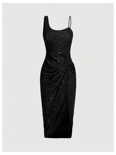 OYOANGLE Women's Glitter Ruched Sleeveless Bodycon Midi Dress Asymmetrical Neck Cocktail Party Dresses Black X-Large - Image 3