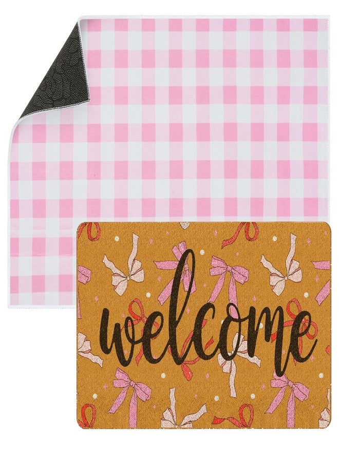 Tinideya 2 Pcs Pink Bow Welcome Doormat 23x35 in Layered Buffalo Plaid Carpet Coquette Non Slip Pink Bow Bathroom Mat Coir Mats Cute for Entrance Porch Indoor Outside Home Decor Gift Supplies - Image 1