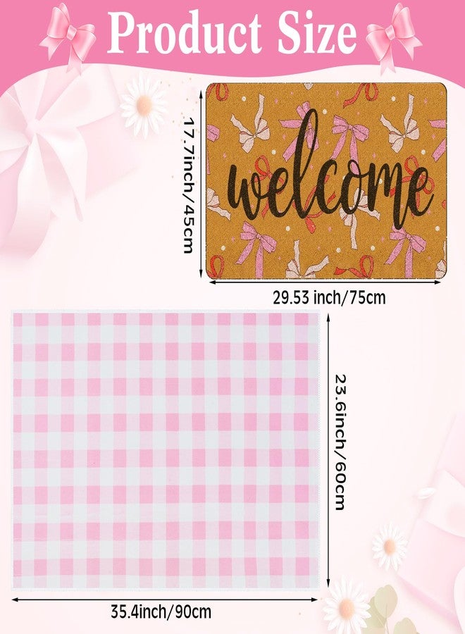 Tinideya 2 Pcs Pink Bow Welcome Doormat 23x35 in Layered Buffalo Plaid Carpet Coquette Non Slip Pink Bow Bathroom Mat Coir Mats Cute for Entrance Porch Indoor Outside Home Decor Gift Supplies - Image 2