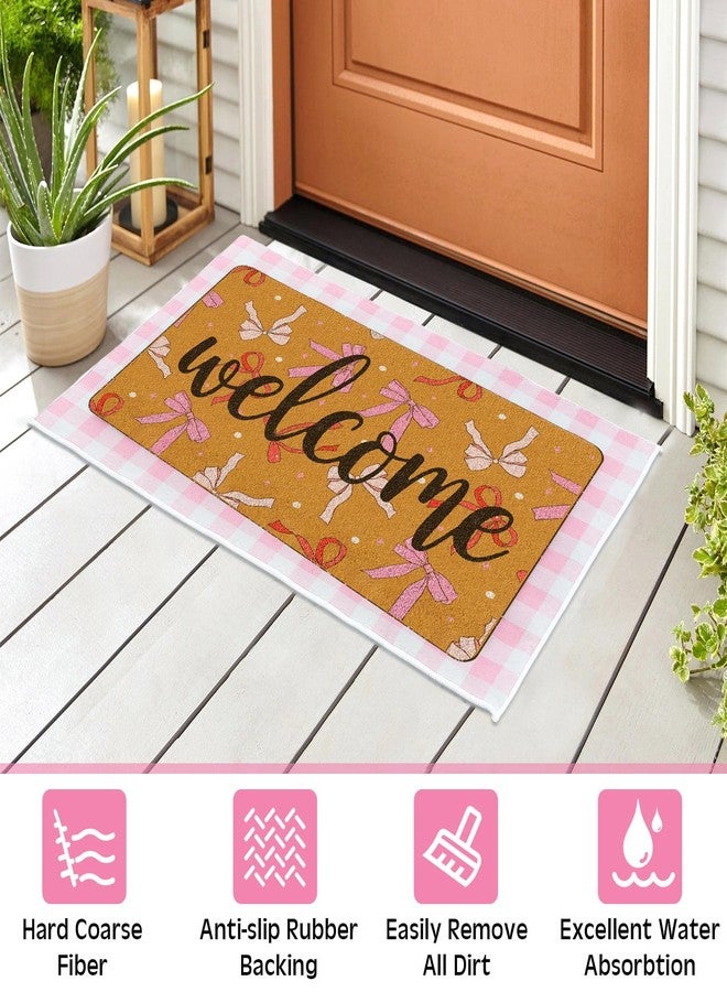 Tinideya 2 Pcs Pink Bow Welcome Doormat 23x35 in Layered Buffalo Plaid Carpet Coquette Non Slip Pink Bow Bathroom Mat Coir Mats Cute for Entrance Porch Indoor Outside Home Decor Gift Supplies - Image 3
