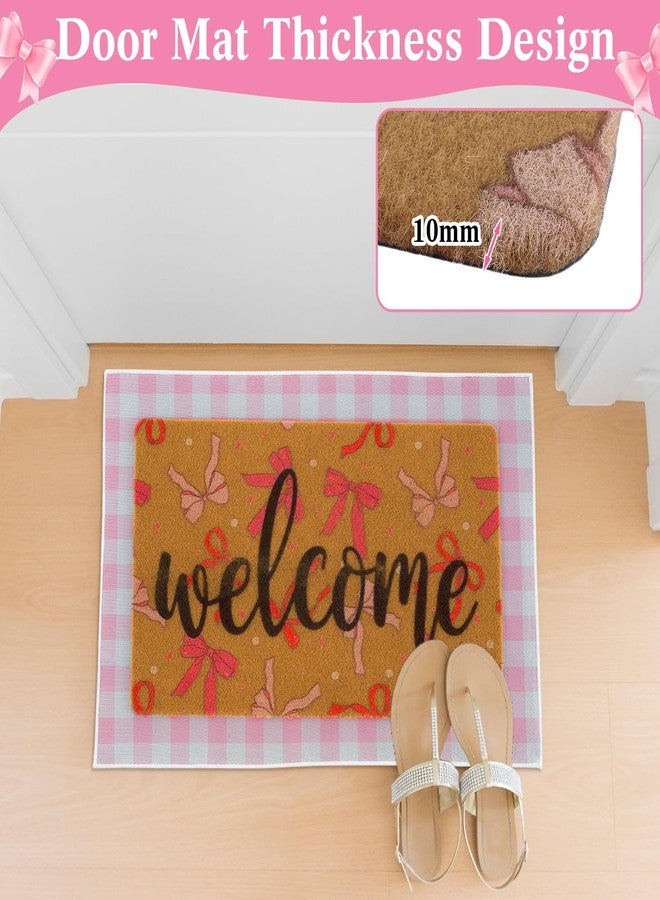 Tinideya 2 Pcs Pink Bow Welcome Doormat 23x35 in Layered Buffalo Plaid Carpet Coquette Non Slip Pink Bow Bathroom Mat Coir Mats Cute for Entrance Porch Indoor Outside Home Decor Gift Supplies - Image 5