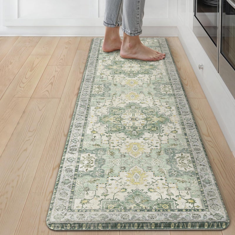 GENIMO Kitchen Mats for Floor, Washable Anti Fatigue Mat for Cushioned, 17.3"x59", Waterproof Kitchen Rugs, Non Slip Foam Comfort Standing Mat Rug for Home, Runner, Sink, Laundry, Light Green - Image 1