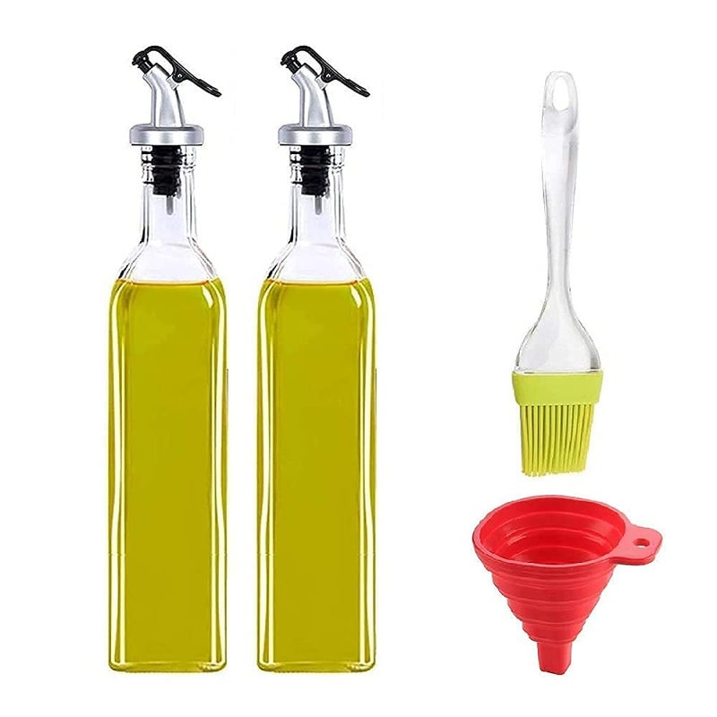 QUALIZA Store Oil Dispencer 500 ml Bottle Set of 2 Transparent Silicone funnel and Oil Brush for Kitchen Multi color Pack of 4