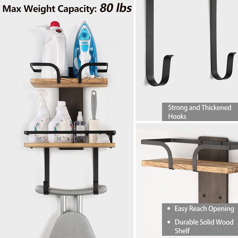 VINAEMO Ironing Board Hanger Wall Mount, 2-Layer Iron and Ironing Board Holder, Laundry Room Shelves Solid Wood with Removable Hooks Home Organization and Storage - Image 5