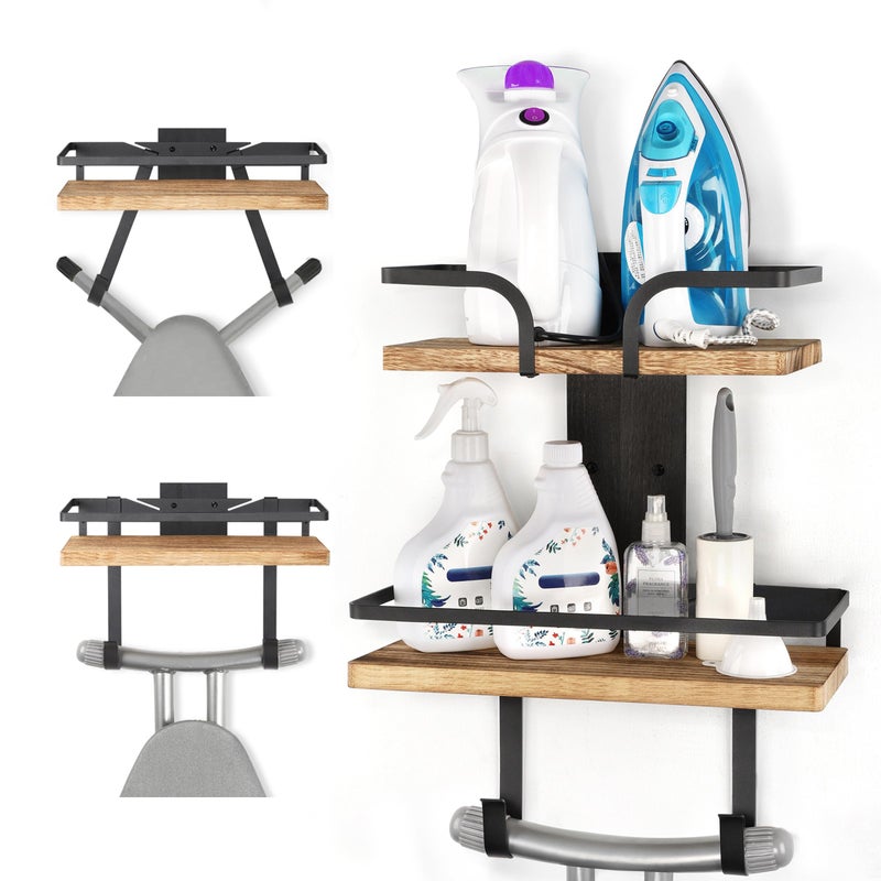 VINAEMO Ironing Board Hanger Wall Mount, 2-Layer Iron and Ironing Board Holder, Laundry Room Shelves Solid Wood with Removable Hooks Home Organization and Storage - Image 1
