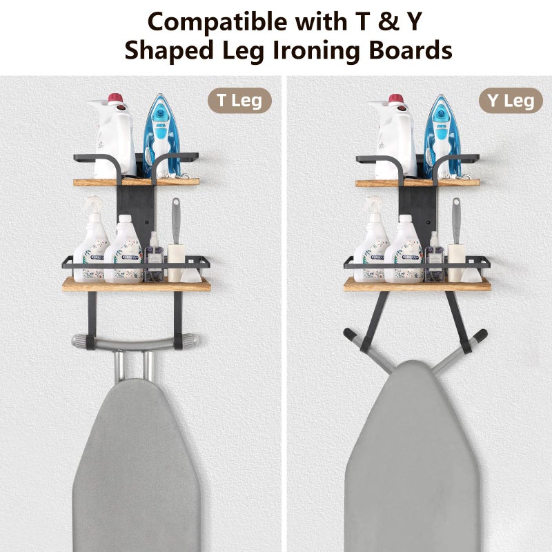 VINAEMO Ironing Board Hanger Wall Mount, 2-Layer Iron and Ironing Board Holder, Laundry Room Shelves Solid Wood with Removable Hooks Home Organization and Storage - Image 2
