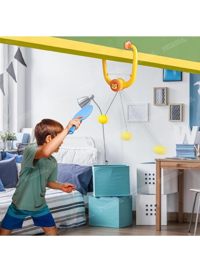 VikriDA Hanging Table Tennis Self Training Indoor Gaming 2 Racket & 3 Practice Ball Portable - Double Sparring Hanging Toys Parent Child Interaction Indoor Toys - Lion Hanging Table Tennis, Yellow - Image 5