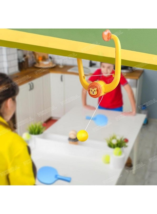 VikriDA Hanging Table Tennis Self Training Indoor Gaming 2 Racket & 3 Practice Ball Portable - Double Sparring Hanging Toys Parent Child Interaction Indoor Toys - Lion Hanging Table Tennis, Yellow - Image 4