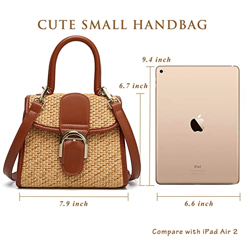boshiho Retro Straw Woven Handbag Womens Small Cross Body Bag Shoulder Messenger Satchel (Brown) - Image 3