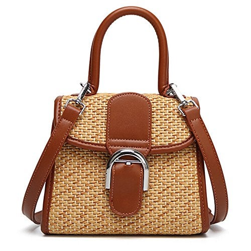 boshiho Retro Straw Woven Handbag Womens Small Cross Body Bag Shoulder Messenger Satchel (Brown) - Image 1