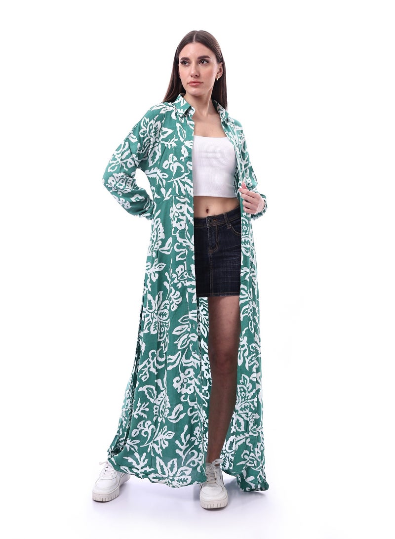 Andora Fashionable Long Sleeves Leaves Pattern Dress _ Green & White - Image 1