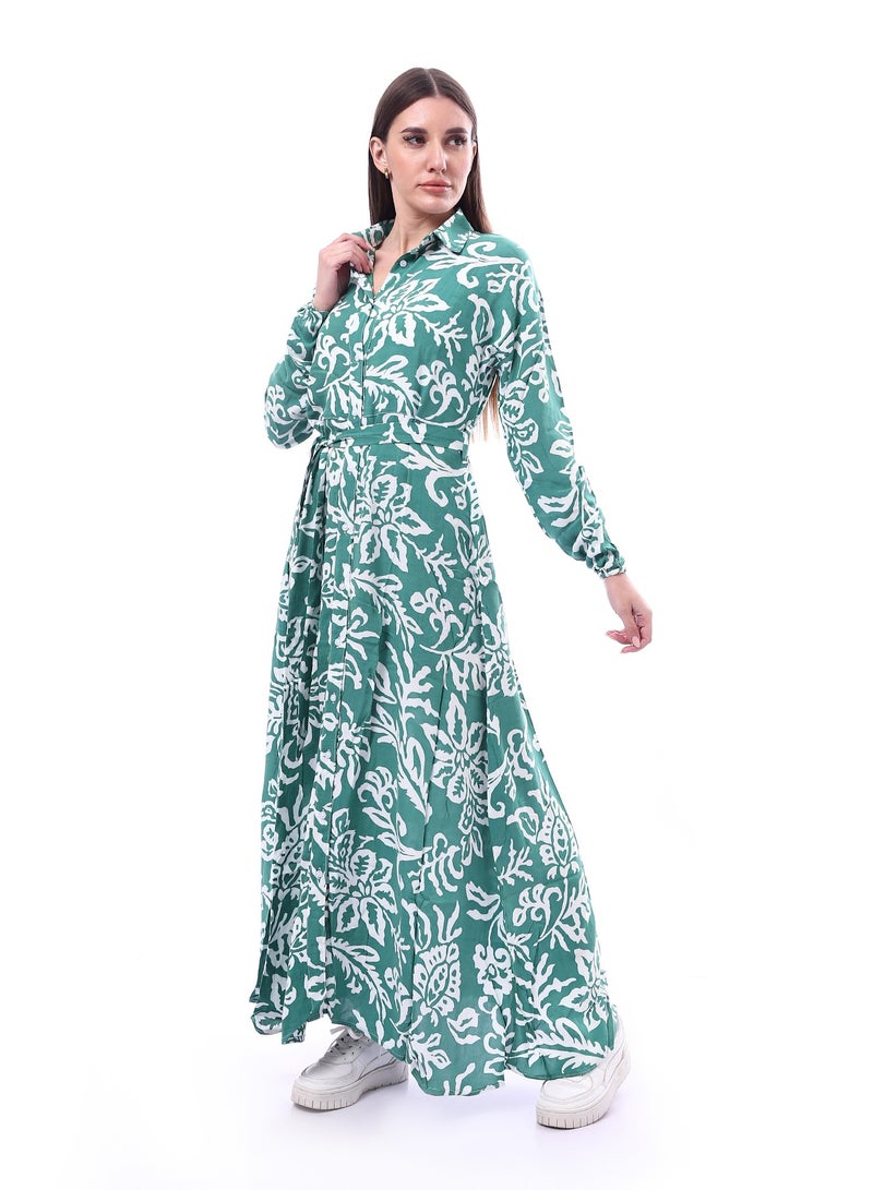 Andora Fashionable Long Sleeves Leaves Pattern Dress _ Green & White - Image 3