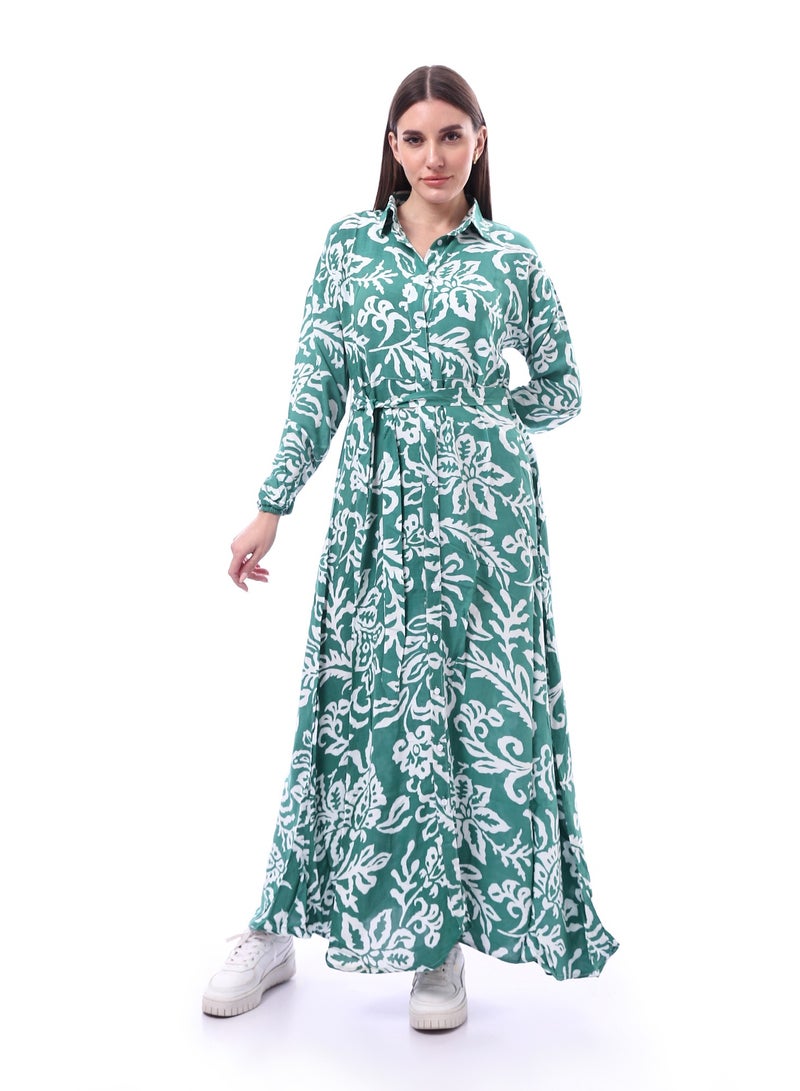 Andora Fashionable Long Sleeves Leaves Pattern Dress _ Green & White - Image 2
