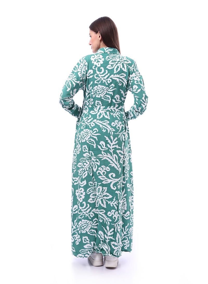 Andora Fashionable Long Sleeves Leaves Pattern Dress _ Green & White - Image 4