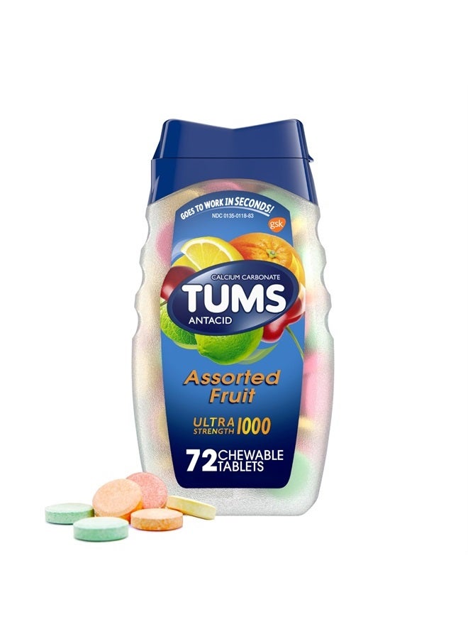 TUMS Ultra Strength Antacid Tablets for Chewable Heartburn Relief and Acid Indigestion Relief, Assorted Fruit - 72 Count  - Image 1