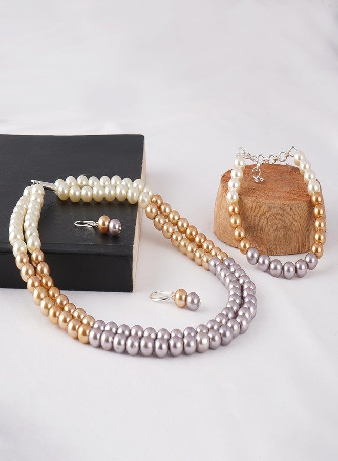 JFL Womens - Jewellery for Less Combo Imitation 8mm Round Pearl Double Strand Necklace Set Moti Mala Pearl Set With Earrings,Bracelet Handcrafted (Cream,Gold,Grey),Valentine - Image 2
