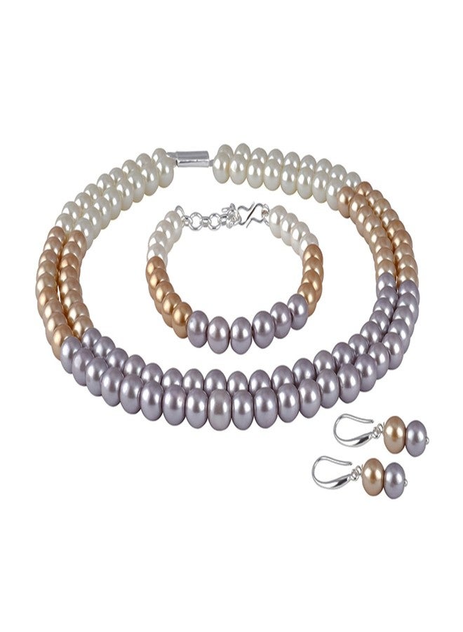 JFL Womens - Jewellery for Less Combo Imitation 8mm Round Pearl Double Strand Necklace Set Moti Mala Pearl Set With Earrings,Bracelet Handcrafted (Cream,Gold,Grey),Valentine - Image 1
