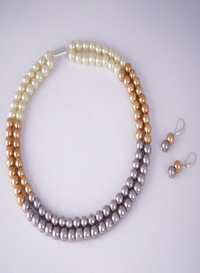 JFL Womens - Jewellery for Less Combo Imitation 8mm Round Pearl Double Strand Necklace Set Moti Mala Pearl Set With Earrings,Bracelet Handcrafted (Cream,Gold,Grey),Valentine - Image 4
