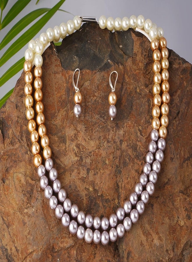 JFL Womens - Jewellery for Less Combo Imitation 8mm Round Pearl Double Strand Necklace Set Moti Mala Pearl Set With Earrings,Bracelet Handcrafted (Cream,Gold,Grey),Valentine - Image 3