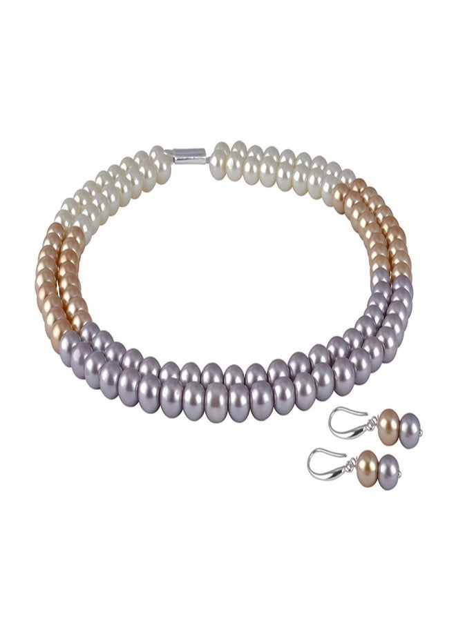JFL Womens - Jewellery for Less Combo Imitation 8mm Round Pearl Double Strand Necklace Set Moti Mala Pearl Set With Earrings,Bracelet Handcrafted (Cream,Gold,Grey),Valentine - Image 5