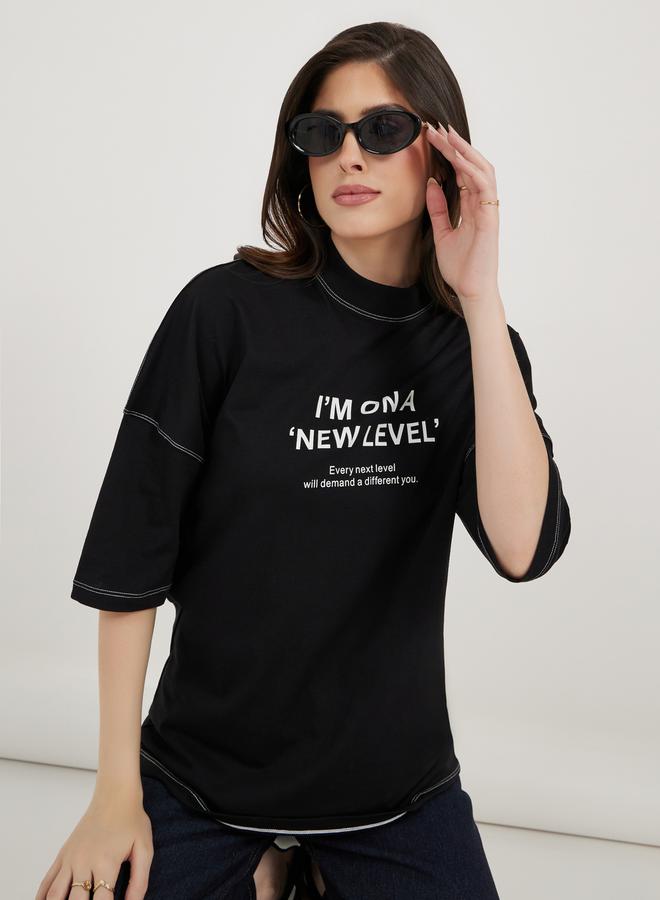 Styli Oversized Slogan Print Exaggerated Sleeves T-Shirt - Image 1