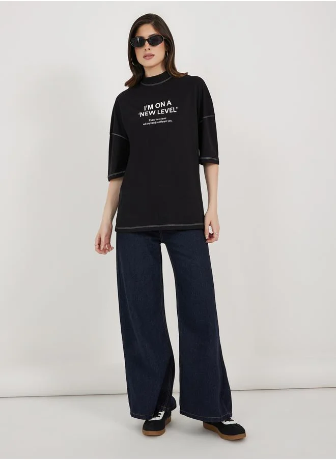 ستايلي Oversized Slogan Print Exaggerated Sleeves T-Shirt