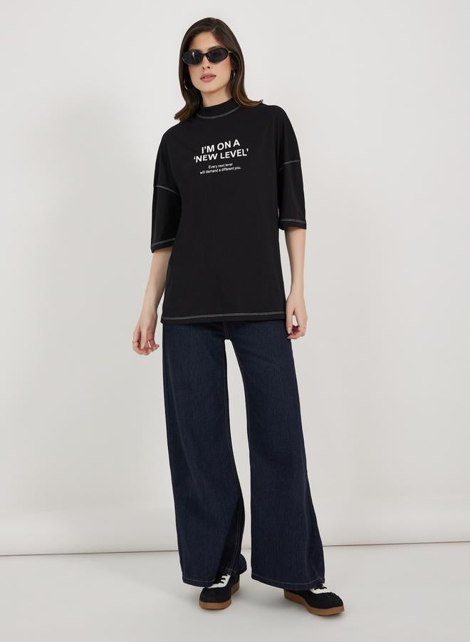 Styli Oversized Slogan Print Exaggerated Sleeves T-Shirt - Image 2