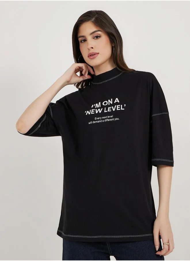 Styli Oversized Slogan Print Exaggerated Sleeves T-Shirt