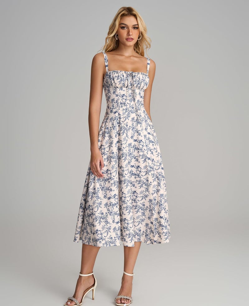 GLNEGE Women Summer Corset Midi Dress 2026 Floral Wedding Guest Flowy Slit Lace Up Dresses Tea Party A Line Casual Milkmaid Sundress - Image 5