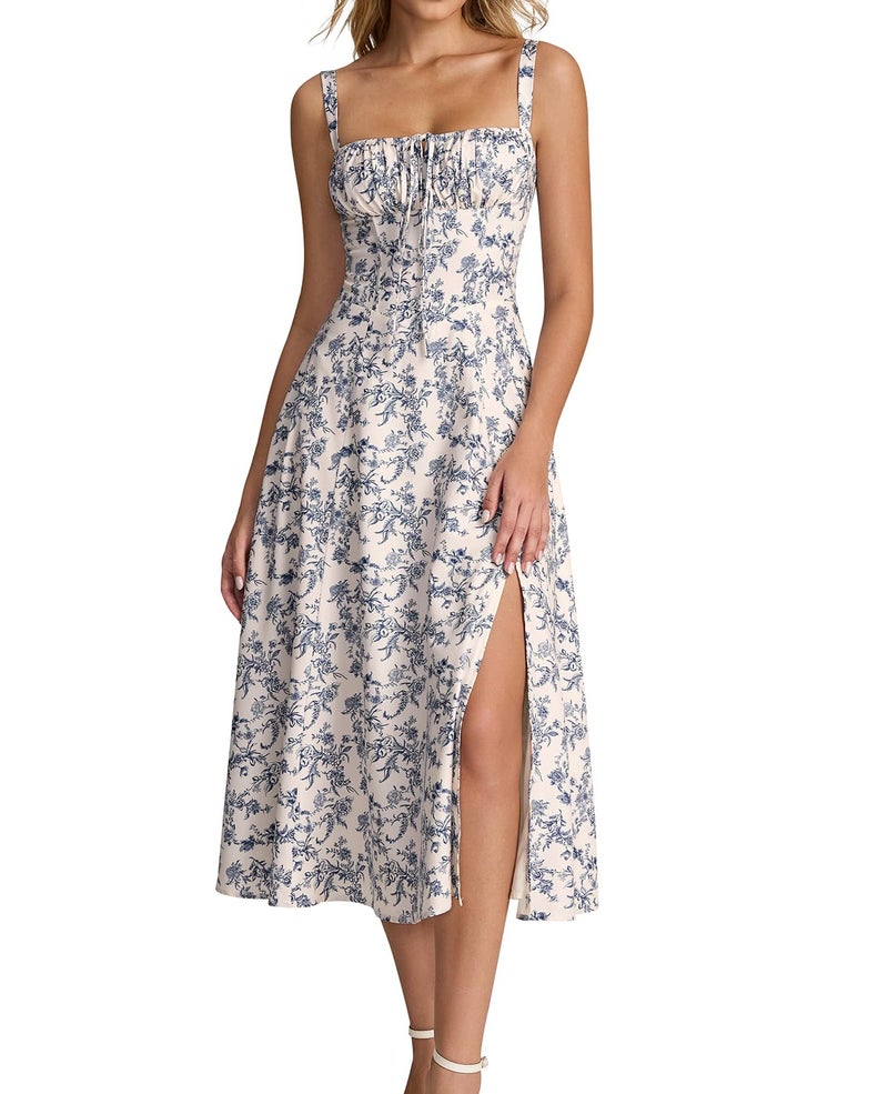 GLNEGE Women Summer Corset Midi Dress 2026 Floral Wedding Guest Flowy Slit Lace Up Dresses Tea Party A Line Casual Milkmaid Sundress - Image 1