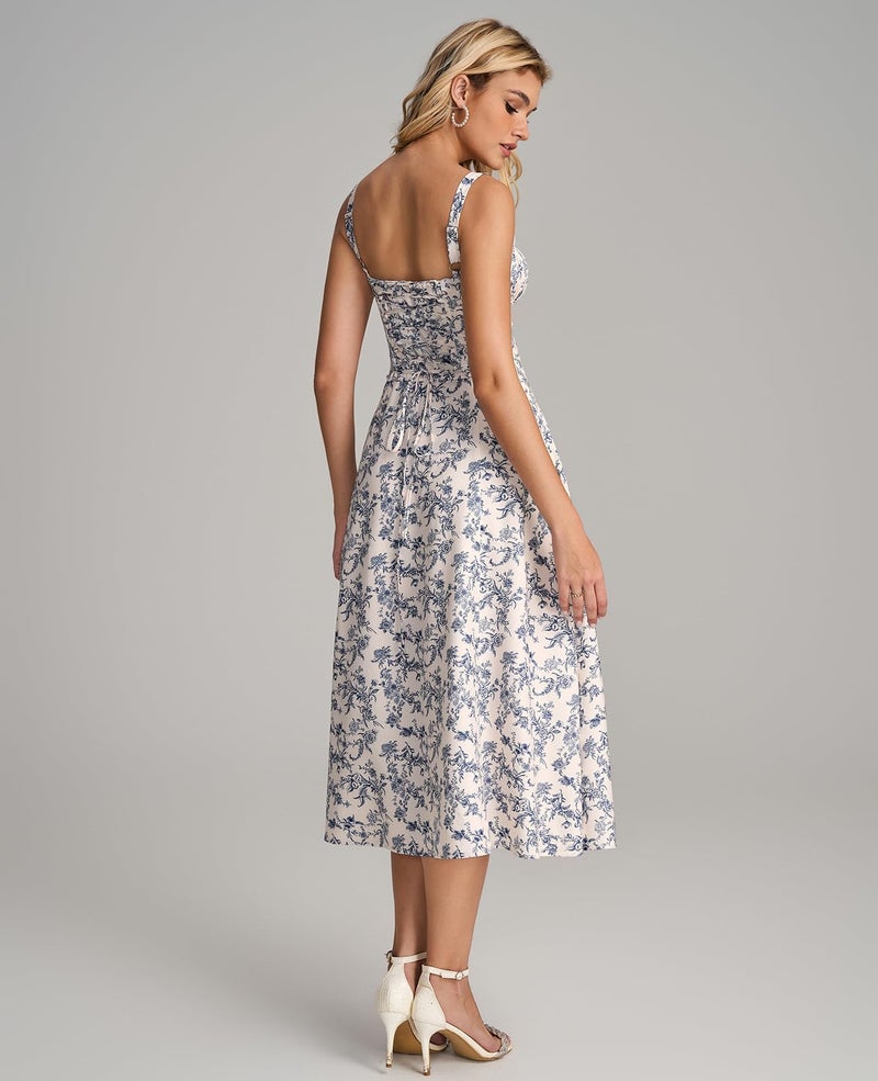 GLNEGE Women Summer Corset Midi Dress 2026 Floral Wedding Guest Flowy Slit Lace Up Dresses Tea Party A Line Casual Milkmaid Sundress - Image 3