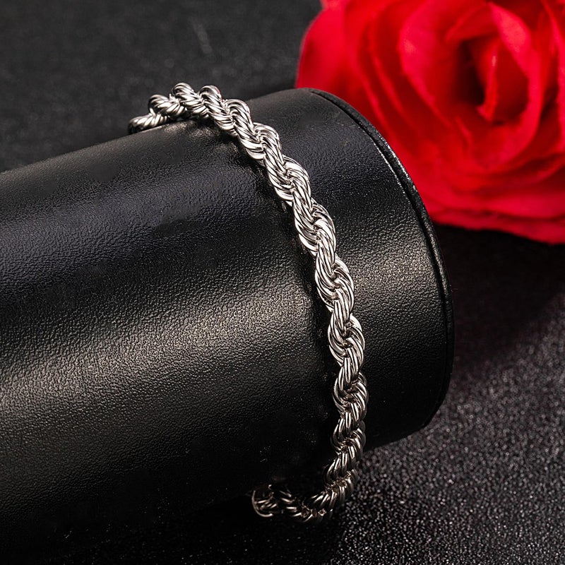 Dankadi Men Diamond Cut 925 Sterling Silver 5mm Twist Rope Chain Bracelets Women Bangle Clasp Rope Box Chain 6.3" 6.7" 7" 7.5" 8" 8.5" 9" 24k Real Gold Plated Cuff Jewelry Gifts (Silver, 7 inch) - Image 4