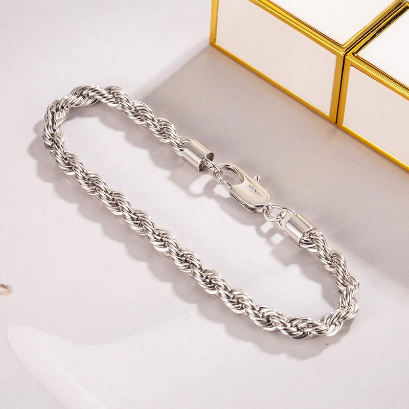 Dankadi Men Diamond Cut 925 Sterling Silver 5mm Twist Rope Chain Bracelets Women Bangle Clasp Rope Box Chain 6.3" 6.7" 7" 7.5" 8" 8.5" 9" 24k Real Gold Plated Cuff Jewelry Gifts (Silver, 7 inch) - Image 5