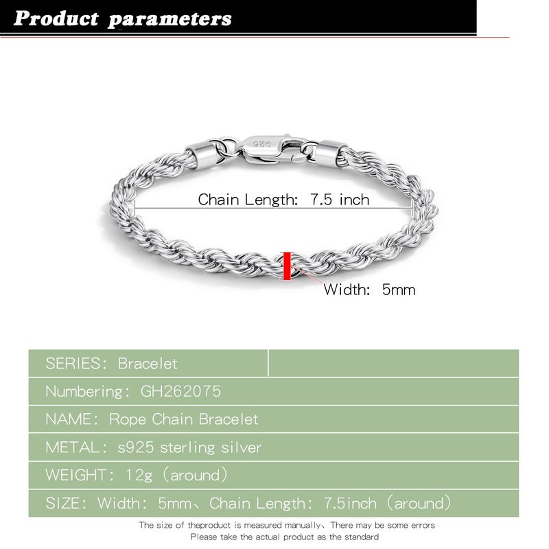 Dankadi Men Diamond Cut 925 Sterling Silver 5mm Twist Rope Chain Bracelets Women Bangle Clasp Rope Box Chain 6.3" 6.7" 7" 7.5" 8" 8.5" 9" 24k Real Gold Plated Cuff Jewelry Gifts (Silver, 7 inch) - Image 3