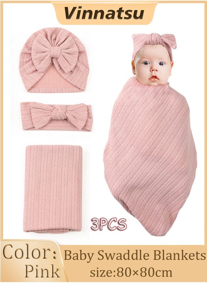 Vinnatsu Vinnatsu Baby Swaddle Blankets for Girls, 3 PCS Newborn Accessories Set with Hat and Bow Headband , Baby Blankets for Girls (Pink)  - Image 1