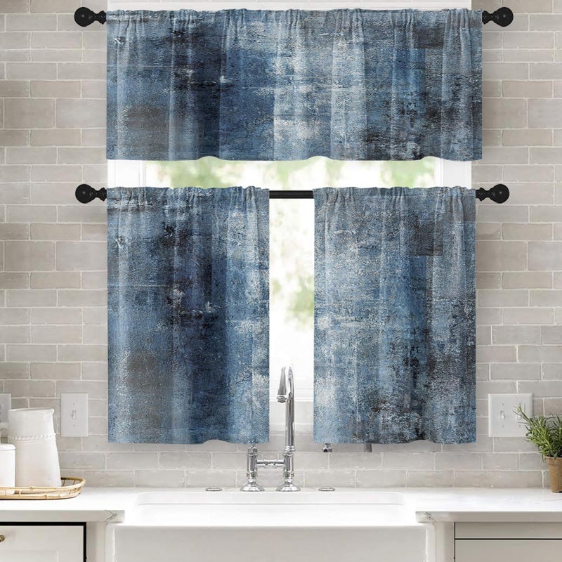Tayney Tayney Blue Kitchen Window Curtains Valance and Tier Set 36 Inch Grey Modern Rod Pocket Short Tier Curtain Abstract Art Small Cafe Drapes for Kitchen Decor 