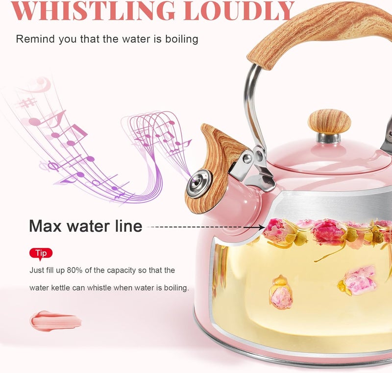GGC Tea Kettle for Stove Top, 85OZ/2.6QT Whistling Tea Kettles for Boiling Water Milik or Coffee, Pink Stainless Steel Tea Pots with Wood Pattern Folding Handle, Thumb Design Control Kettle Outlet - Image 2