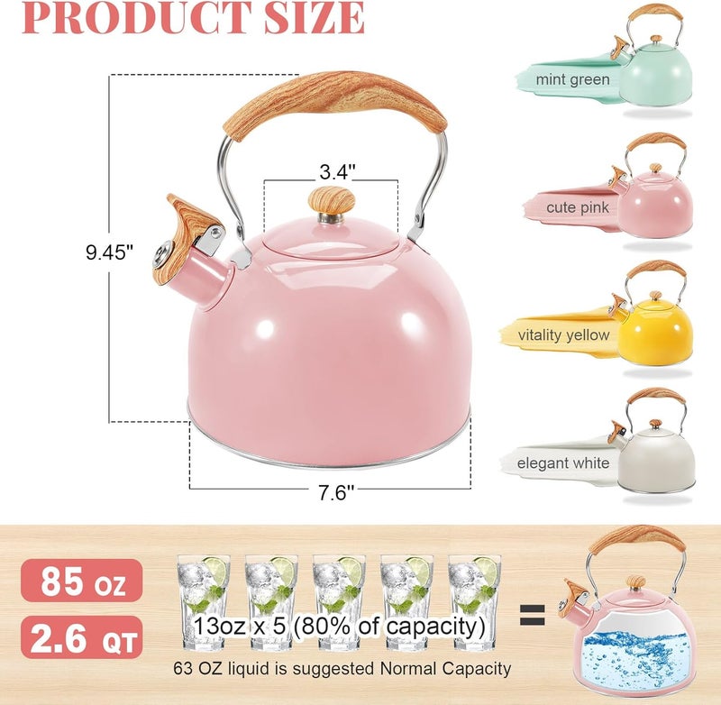 GGC Tea Kettle for Stove Top, 85OZ/2.6QT Whistling Tea Kettles for Boiling Water Milik or Coffee, Pink Stainless Steel Tea Pots with Wood Pattern Folding Handle, Thumb Design Control Kettle Outlet - Image 5