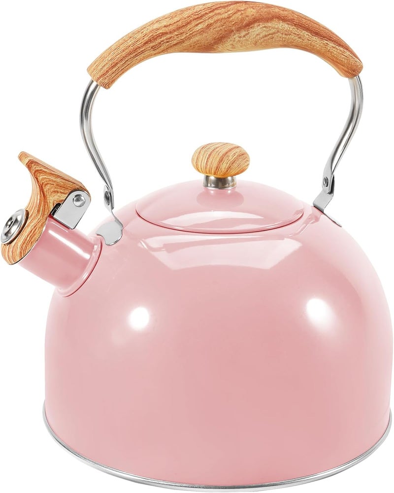 GGC Tea Kettle for Stove Top, 85OZ/2.6QT Whistling Tea Kettles for Boiling Water Milik or Coffee, Pink Stainless Steel Tea Pots with Wood Pattern Folding Handle, Thumb Design Control Kettle Outlet - Image 1