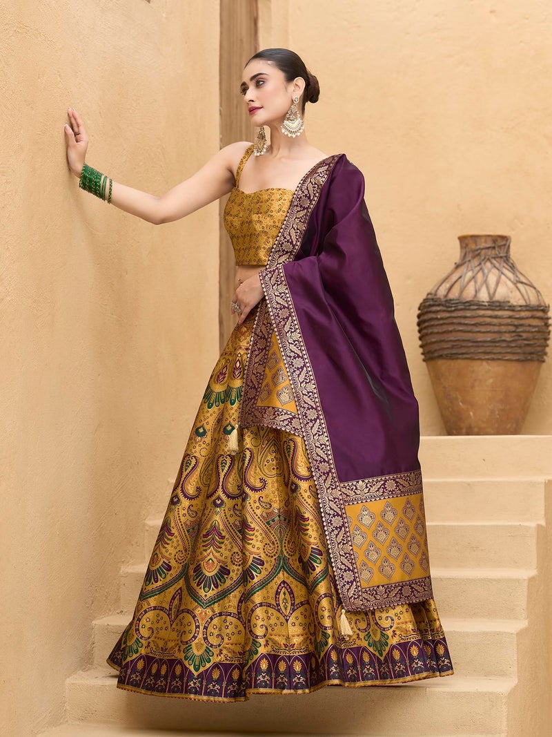 PURVAJA Women's Kanjiwaram Semi-Stitched Lehenga choli (Lazya-Yellow_Free Size) - Image 2