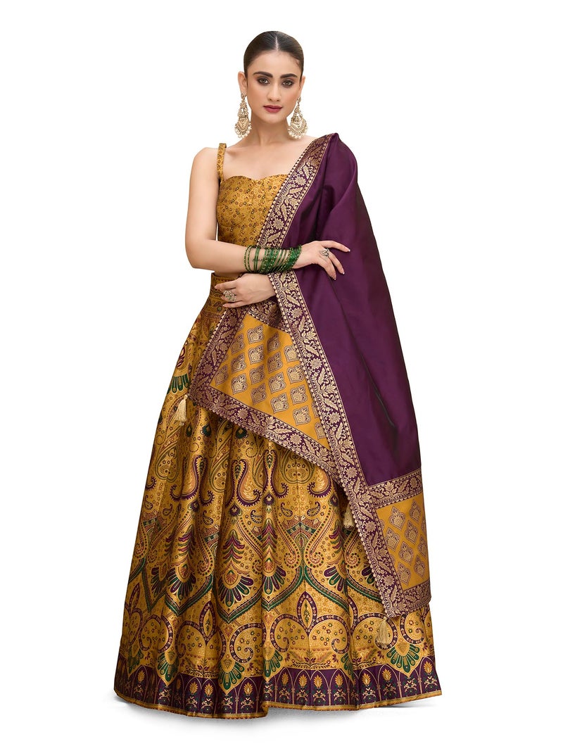 PURVAJA Women's Kanjiwaram Semi-Stitched Lehenga choli (Lazya-Yellow_Free Size) - Image 1