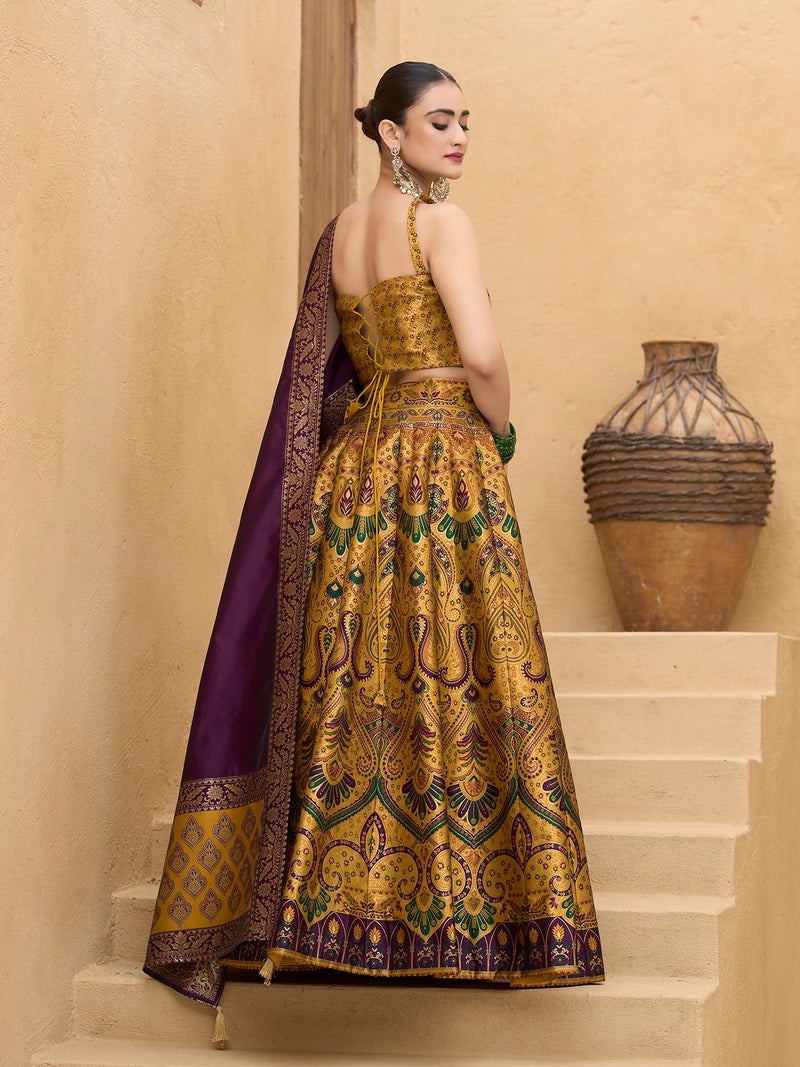 PURVAJA Women's Kanjiwaram Semi-Stitched Lehenga choli (Lazya-Yellow_Free Size) - Image 3
