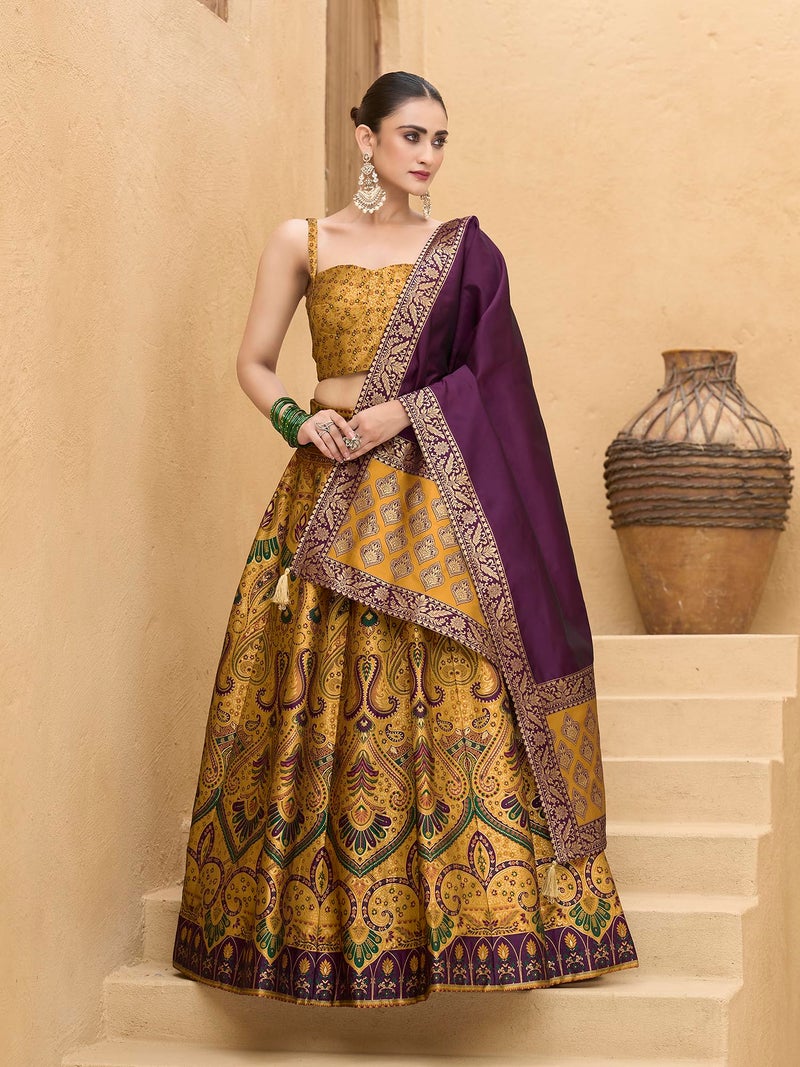 PURVAJA Women's Kanjiwaram Semi-Stitched Lehenga choli (Lazya-Yellow_Free Size) - Image 4
