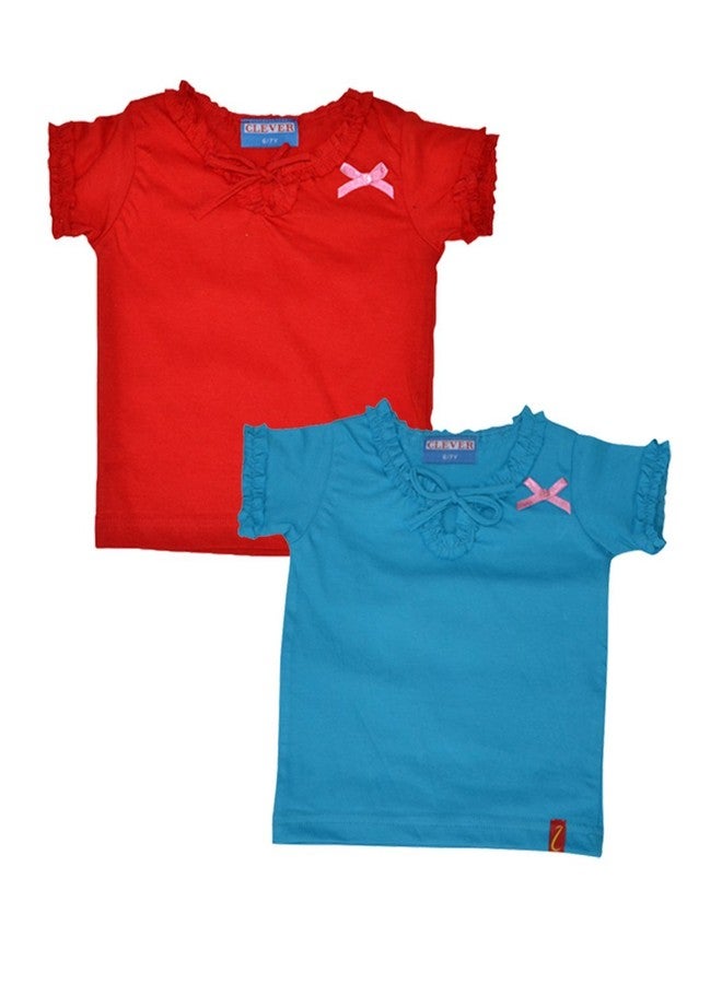 Clever Baby Girl's Tshirt(ZCGT-004-RED-LBLU-12-13Yrs_Red-Lightblue_12-13 Years)