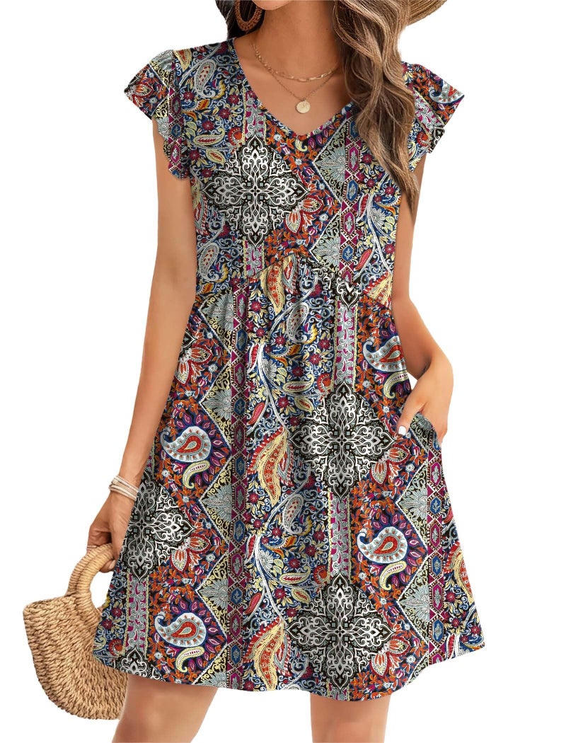 OFEEFAN Western Dress for Women Beach Vacation Clothes Hawaiian Dresses Summer Sundress Cruise Outfits V Neck Babydoll Dresses Italian Dress Matenrity Clothes Bohemia Floral M - Image 2