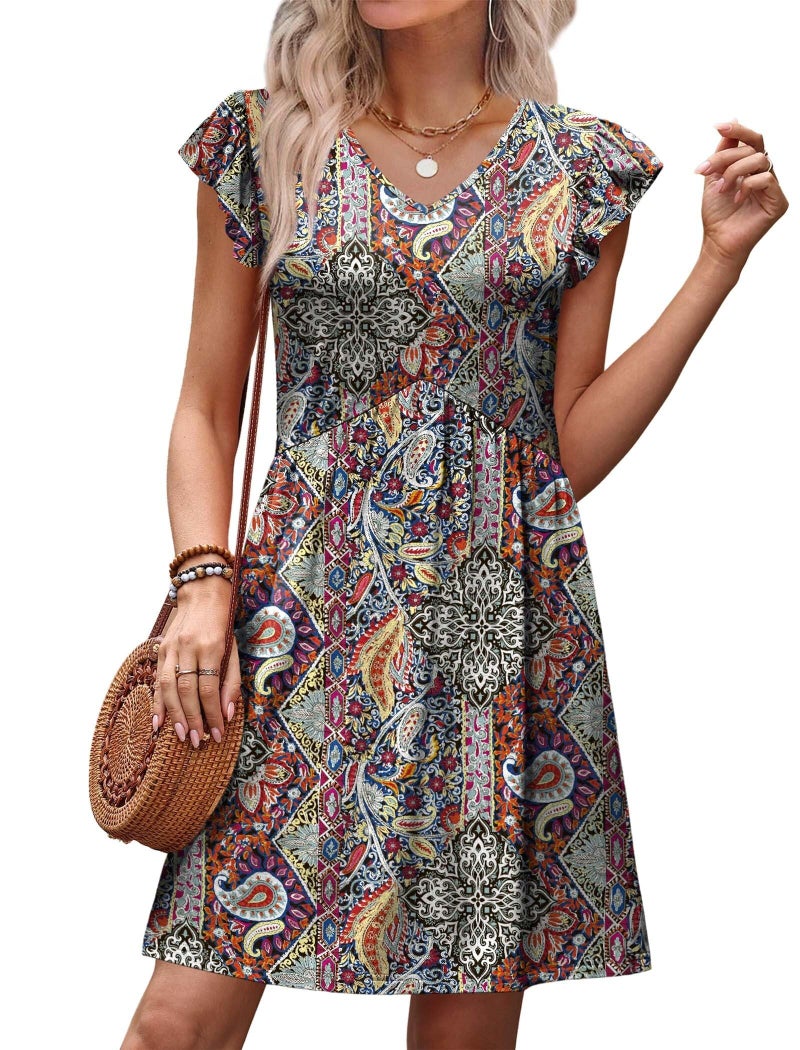OFEEFAN Western Dress for Women Beach Vacation Clothes Hawaiian Dresses Summer Sundress Cruise Outfits V Neck Babydoll Dresses Italian Dress Matenrity Clothes Bohemia Floral M - Image 3