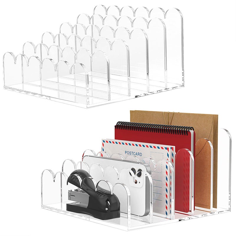 YAGELI 2 Pack 5-Slot Acrylic Mail Organizer for Desktop â€“ Scalloped Clear Document Sorter, Vertical File Holder for Office/Home, Space-Saving Desk Organizer for Letters,Envelope,Bills,Stationery - Image 1