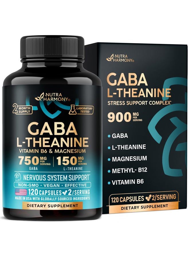 NUTRAHARMONY GABA L-Theanine - Stress Relief Supplement 900mg - Made in USA - Magnesium | Vitamin B6 - Natural Calm | Sleep | Relaxation | Mood Support - 750 mg Gamma AminoButyric Acid - 120 Vegan Non-GMO Capsules - Image 1