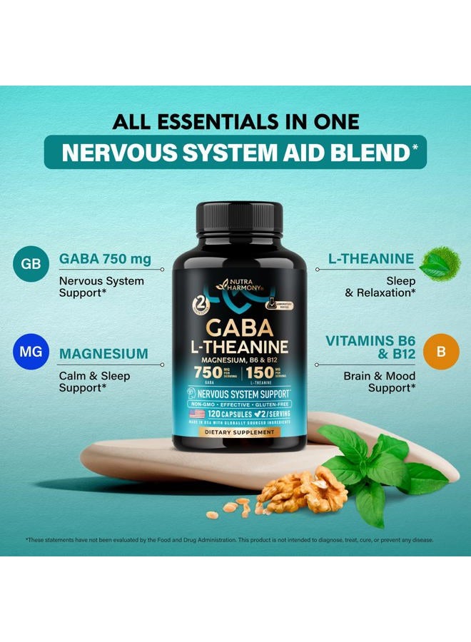 NUTRAHARMONY GABA L-Theanine - Stress Relief Supplement 900mg - Made in USA - Magnesium | Vitamin B6 - Natural Calm | Sleep | Relaxation | Mood Support - 750 mg Gamma AminoButyric Acid - 120 Vegan Non-GMO Capsules - Image 3